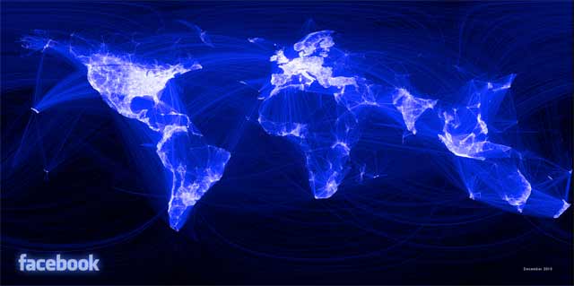 Weltkarte der Beziehungen von Facebook-Freunden und deren geografische Konzentration